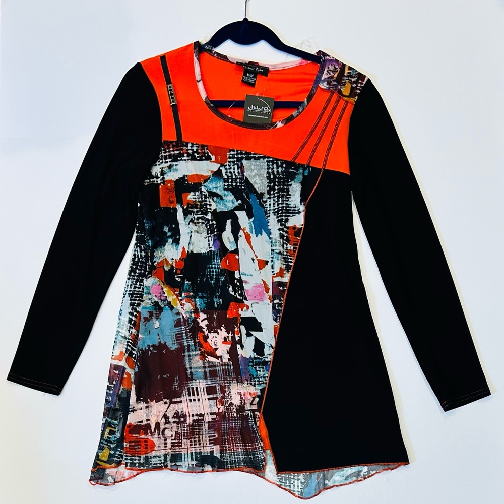 Michael Tyler Black Printed Art 2 Wear Roll Tab Sleeve Stretch Scoop Blouse Sz M